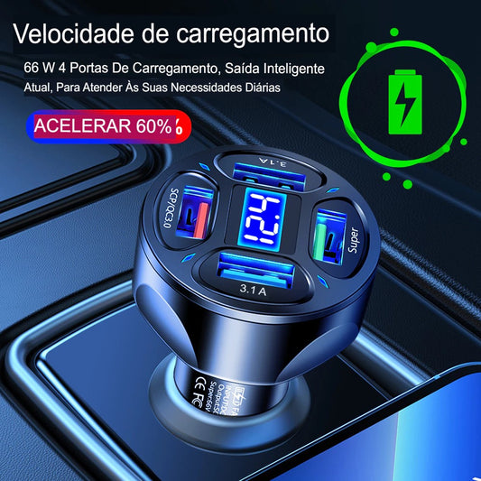 Carregador Carro Super Rápido Qc 3.0 4 Usb Tipo C Turbo