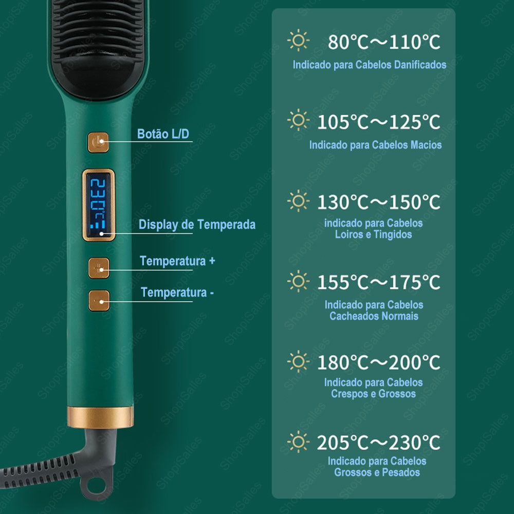 Escova Alisadora de Cabelos Multifuncional Bivolt com Display de Temperatura